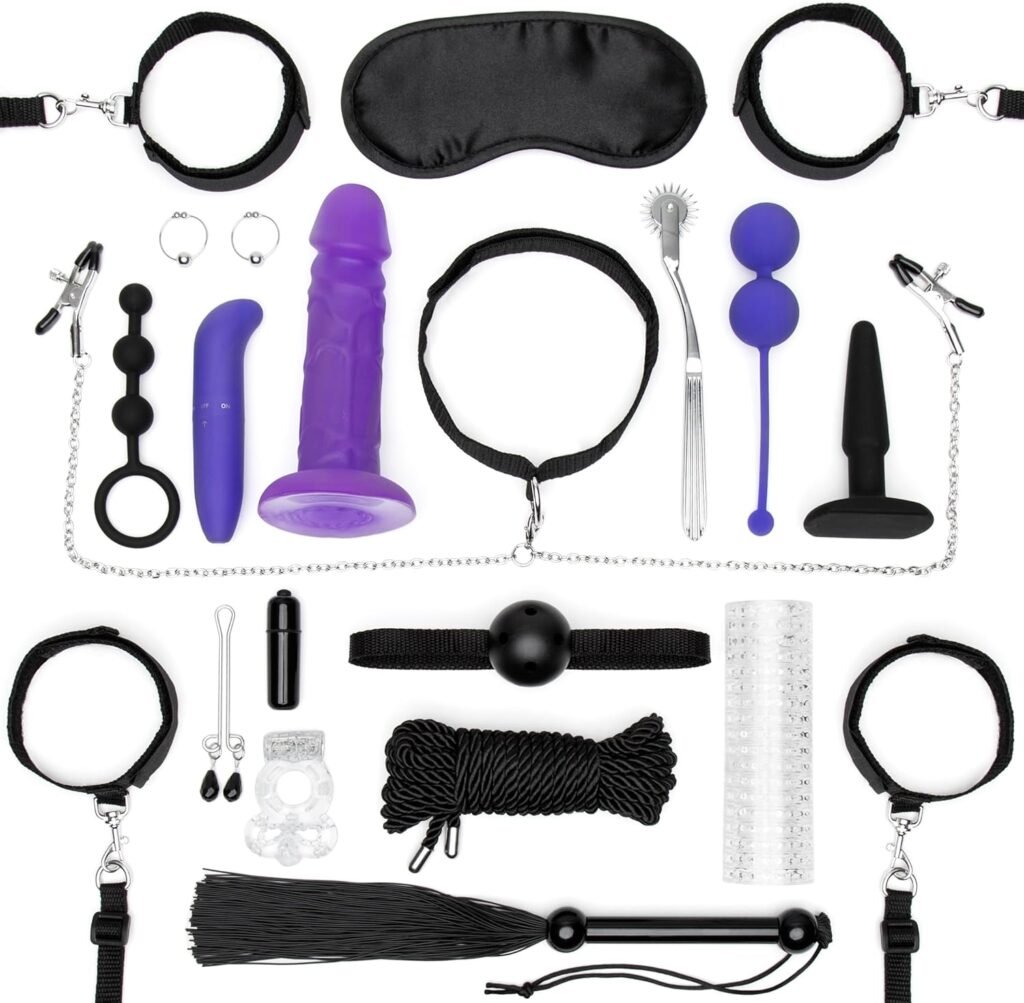 Lovehoney All You Need Bondage Kit - 20 Piece Bondage Set - Includes Blindfold, Flogger, Nipple Clamps, Vibrators, Anal Beads, Cock Ring and Much More - Sex Toys for Couples - Black/Purple