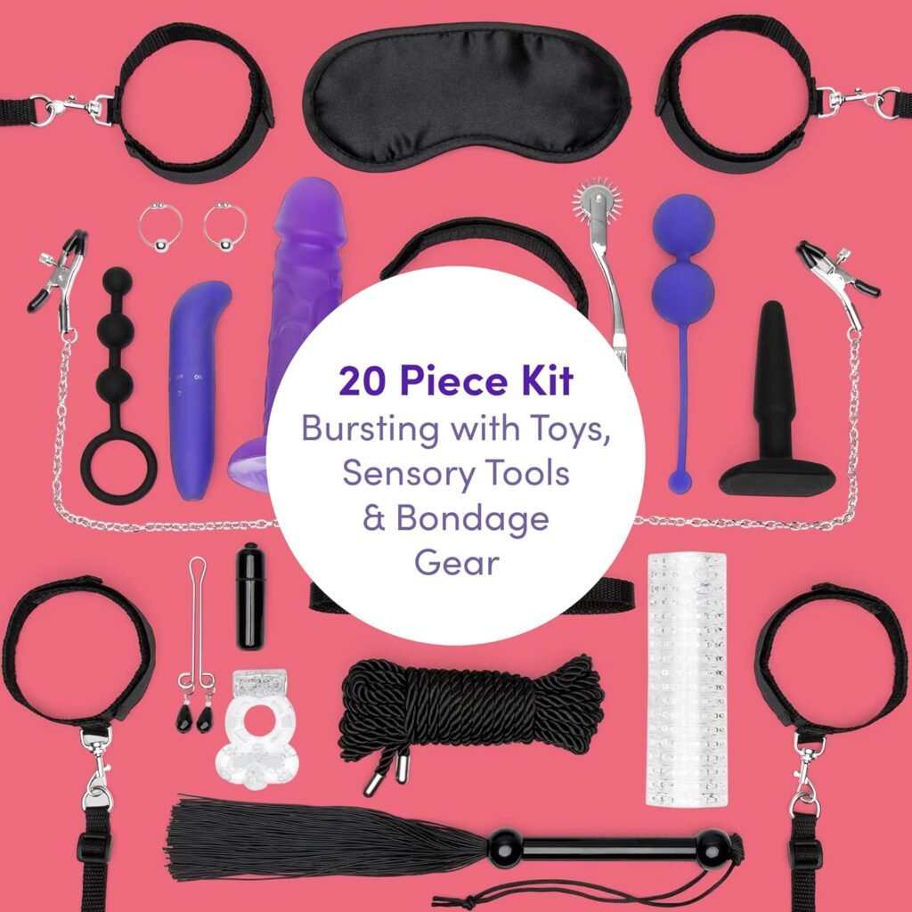 Lovehoney All You Need Bondage Kit - 20 Piece Bondage Set - Includes Blindfold, Flogger, Nipple Clamps, Vibrators, Anal Beads, Cock Ring and Much More - Sex Toys for Couples - Black/Purple