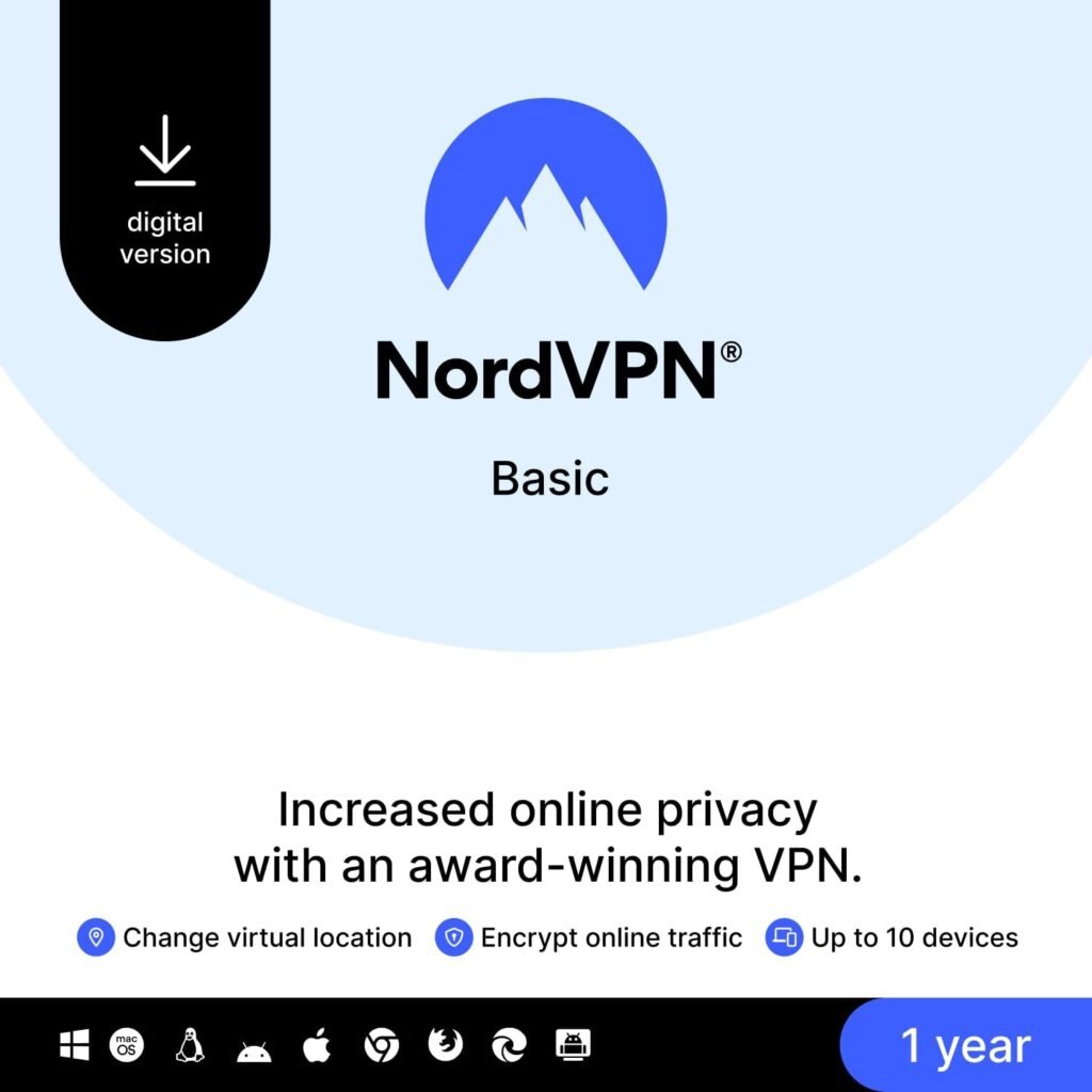 NordVPN Basic – 1-Year – Premium VPN Protection For Up to 10 Devices – Secure Your Traffic Data  Shield Your IP – PC/Mac/Mobile [Online Code]