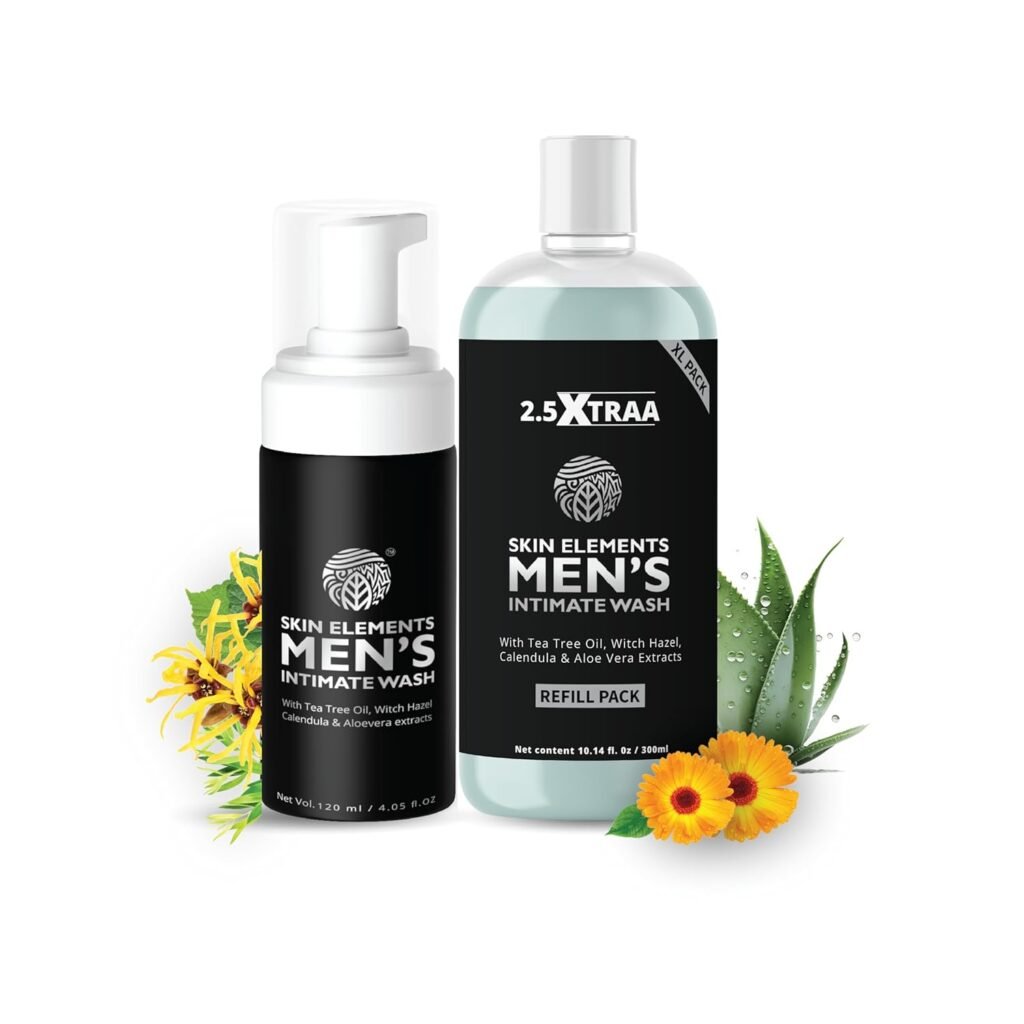 Skin Elements Mens Intimate Wash JUMBO Pack | with Refill | For 180 Days | 14.2 fl. oz | pH Balanced Hygiene Foaming Wash | Prevents Bad Odor | with Tea Tree Oil | Genital Wash | Super Saver Pack |